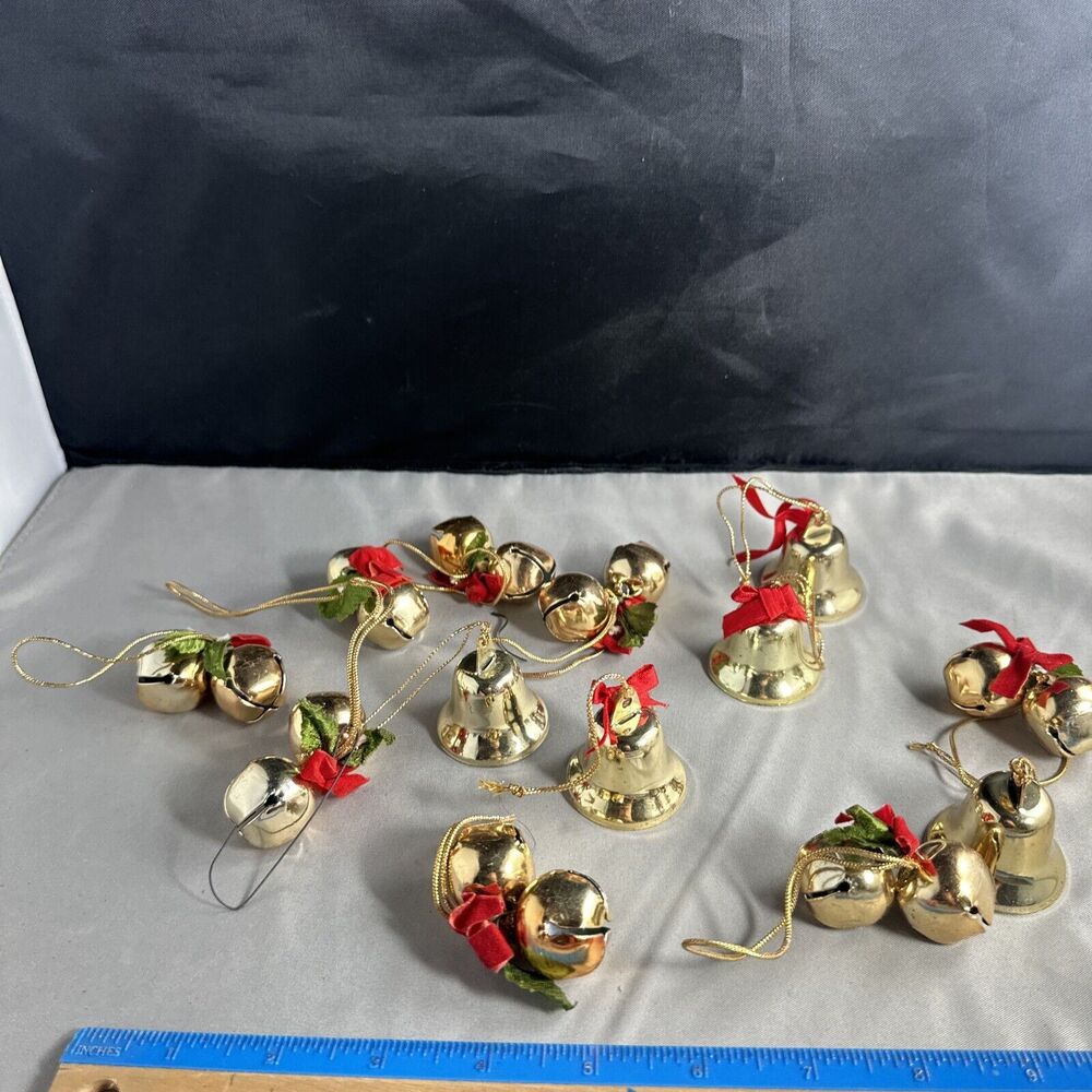 Lot of Vintage Metal Christmas Bells and Ornaments - Gold-Tone